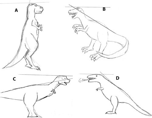 FIGURE 6: Drawings by undergraduate students at Ithaca College in response to a request to “Draw a picture of Tyrannosaurus rex .”