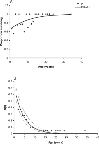 FIGURE 2 (A) Graphical representation of the proportion (p) of E. horridum plants that survived and age; (B) the proportion of individuals that survived from birth to a given age from the study area in Ordesa–Monte Perdido National Park, Spain.