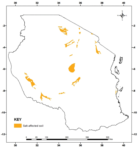 Figure 2. Spatial Distribution of Salt-affected Soils in Tanzania (De Pauw, Citation1984).