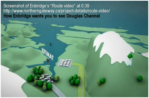 Figure 1. Douglas channel according to Enbridge. The figure is a screenshot from Enbridge’s ‘Route Video’. It depicts a fairly clear channel and routing option. Source: Photo from Waters (Citation2014) and Tencer (Citation2012).