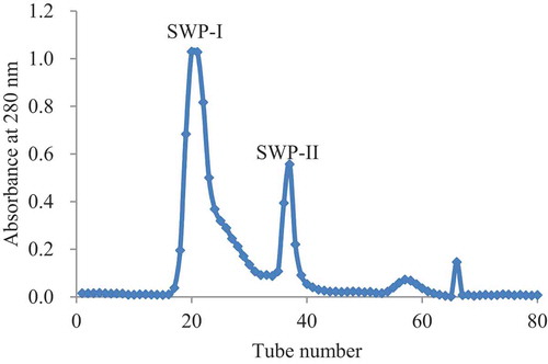 Figure 1. Elution profile of SWP on the G-15. The column was eluted with distilled water at a flow rate of 1.2 mL/min.