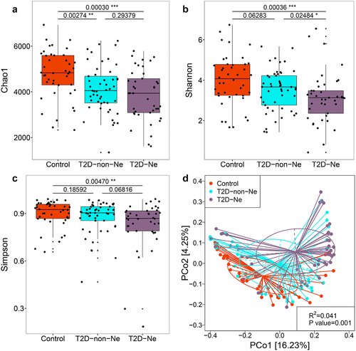 Figure 3. Alterations of the gut virome in T2D-Ne and T2D-non-Ne compared with healthy controls. Differences between the 3 groups in viral richness based on the (a) Chao1 index and viral diversity based on the (b) Shannon and (c) Simpson indices at the contig level. For the box plots, the boxes extend from the first to the third quartile (25th to 75th percentiles), with the center line indicating the median. (d) PCoA analysis based on Bray-Curtis distance between T2D-Ne, T2D-non-Ne and healthy controls.