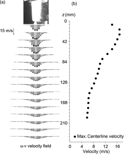 FIG. 4 (a) PIV 2D vector plot of the averaged mean droplet velocity field of the spray nozzle. (b) Maximum velocity at the centerline of the PIV data. The vertical axis is in the z-coordinate and units in millimeters.