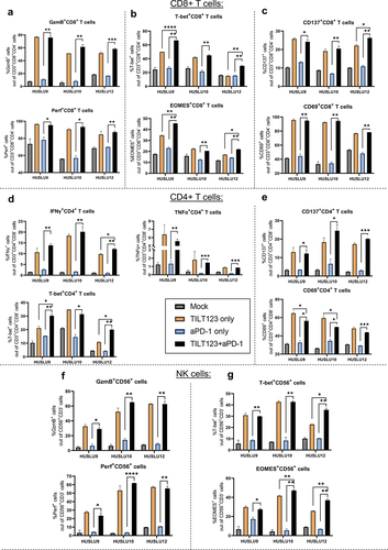 Figure 6. Evaluation of immune cell populations in tumor microenvironment of NSCLC ex vivo tumor histocultures: HUSLU9, HUSLU10 and HUSLU12. Patient tumor samples were treated with TILT-123 (100 VP/ml), aPD-1 (20 mg/mL) or a combination of TILT-123 and checkpoint inhibitor. Uninfected cells were used as a mock control. (a) Frequency of cytotoxic GzmB+ and Perf + CD8+ T cells; (b) T-bet+ and EOMES+ CD8+ T cells; (c) activated CD69+ and CD137+ CD8+ T cells. (d) Frequency of IFNγ+, TNFα+ and T-bet+ CD4+ T cells; (e) activated CD69+ and CD137+ CD4+ T cells. (f) Frequency of cytotoxic GzmB+ and Perf + NK cells; (g) T-bet+ and EOMES+ NK cells. All experiments were performed in duplicates, and resulting data is presented as mean±SEM. Statistical significance is represented as *p < 0.05, **p < 0.01, ***p < 0.001 and ****p < 0.0001.