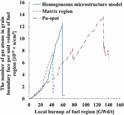 Figure 11. Gas concentration in grain boundary face calculated in IFA-626 and IFA-702 MIMAS-MOX fuel (a fuel element of interest is in the center position of the highest fuel segment).