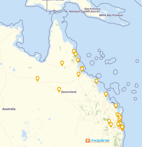 Figure 1. A generated geographical distribution map of the festival spread across Queensland (made using Mapline). Note the concentration in the south-eastern corner.