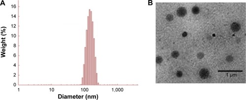 Figure 2 Physicochemical characterization of 5-FU/HSNP.Notes: (A) Particle size distribution of 5-FU/HSNP, (B) transmission electron microscope images of 5-FU/HSNP.Abbreviations: 5-FU, 5-fluorouracil; HSNP, hyaluronic acid-conjugated silica nanoparticles.