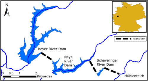 Figure 1. Map of the reservoir system Bever-Block, managed by the Wupperverband. The four water bodies are interlinked through a transition system.