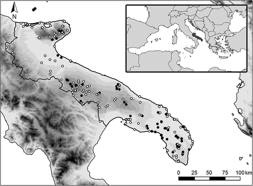 Figure 1. Map of Apulia and distribution of the sampled sites. White dots represent sites without large branchiopods; black dots are sites hosting at least one species.