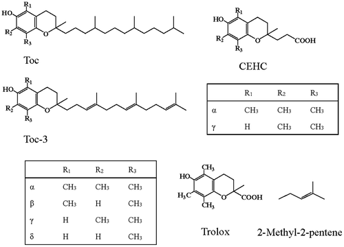 Fig. 1. Molecular structures of α-, β-, γ-, and δ-tocopherols (Tocs) and α-, β-, γ-, and δ-tocotrienols (Toc-3s), α- and γ-carboxyethyl-6-hydroxychromans (α- and γ-CEHCs), trolox, and 2-methyl-2-pentene.