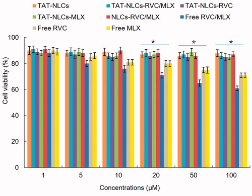 Figure 2. In vitro cytotoxicity of drugs loaded NLCs and free drugs evaluated by the L929 cells viability. Data presented as means ± SD (n = 3). *p<.05.