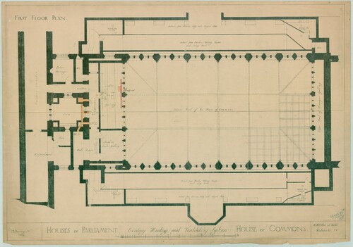 Figure 3. Floor plan, 1940s, showing the air chambers above the ceiling with separate valves for the debating chamber and surrounding lobbies.Source: Historic England Archive, Chest 13: House of Parliament, fragile.