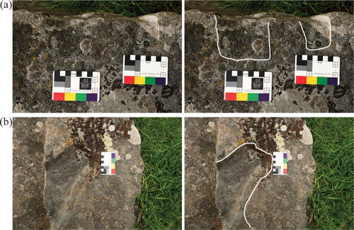 FIG. 15 Stone surfaces in Piggledene: (a) two sub-rectangular depressions removed from the surface of stone [34], each above a wedge-pit in the stone face; (b) a large flake scar in the surface of stone [84] originating from a wedge-pit (parallel to the scale card) (photographs © author).