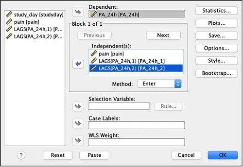 Figure 11. Menu option for entering lagged variables as predictor variables, to control for autocorrelation at the appropriate lag(s).