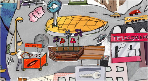 Figure 6. Close-up of hot dog stand, roundabout, artwork, lamp post and telecom shop in OneDayArtist’s artwork, 2018.