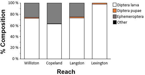 Figure 3. Percent composition of age-0 sturgeon diet among reaches in the upper Missouri River basin (UMOR; Williston reach) and lower Missouri River basin (LMOR; Copeland, Langdon, and Lexington reaches) in 2016.