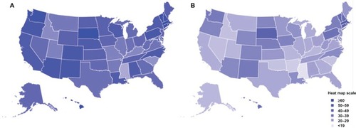 Figure 3 HPV vaccination uptake in 13–17-year-old adolescents by state in the USA. Estimated percent coverage for (A) first dose of the HPV vaccine and (B) all three doses of the HPV vaccine.