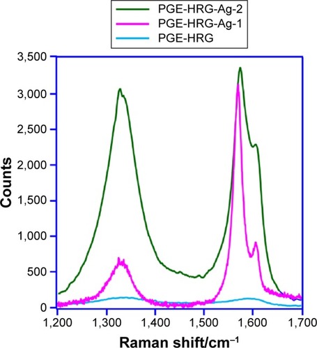 Figure 4 Raman spectra of graphene/silver nanocomposites with 50 wt% (PGE-HRG-Ag-1, pink line) and 100 wt% (PGE-HRG-Ag-2, green line) of Ag NPs with respect to graphene and PGE-HRG without Ag NPs (blue line).Notes: Increasing the concentration of Ag NPs, the intensities of the Raman signals also increase, which not only confirms the binding of the Ag NPs on the surface of graphene but also demonstrates the increased density of the Ag NPs.Abbreviation: NPs, nanoparticles.
