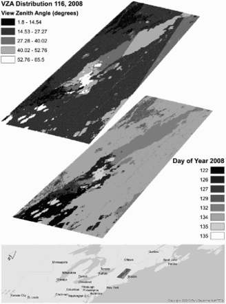Figure 1. Sample illustration of days used in compositing the MODIS MYD13Q1 NDVI product from the 27 April 2008 (day 116) 16-day composite. The top figure shows the VZAs associated with the days used. The lower figure shows the day within the period that was used in the composite. The MOD13 product uses a minimum VZA as part of the quality selection, but nonetheless some large angles are used as a result of coincident factors such as persistent cloud contamination.