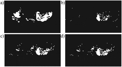 Figure 12. a) The binarized dunite class from the geological map is used as ground truth. The binarized classification results for HyMAP data generated using b) ISMA, c) best fit, and d) BVLS methods for the dunite endmember