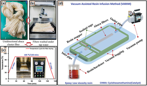 Figure 1. (a–c) Steps involved in the processing of abaca cluster fibers into straight vascular fibers. (d) VARIM setup for resin infusion inside the fiber lumens.