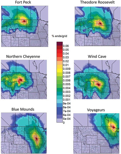 Figure 4. Back-trajectory overall residence times showing where air masses resided during the 3 days prior to arriving at each of six sites during 2002–2015. Top row is two sites in Group 1 (closest to Bakken), middle row is sites in Group 2 (southwest), and bottom row is sites in Group 3 (east).