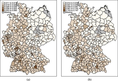 Figure 2. Gross domestic product (GDP) per capita (thousands) in Germany in (a) 2000 and (b) 2014.