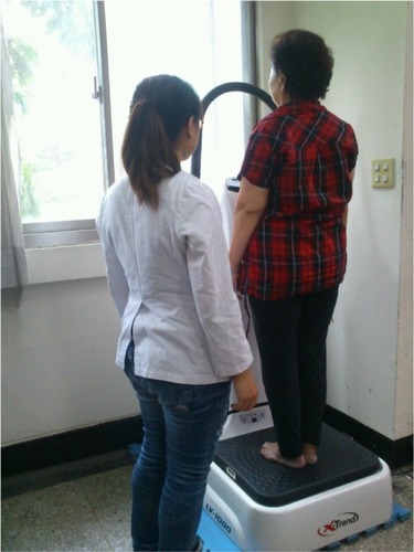 Figure 2 The subject stood on the platform in a natural full standing posture and was monitored by a well-trained physical therapist during whole body vibration.