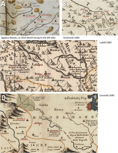 Figure 2. Excerpts from fifteenth- and seventeenth-century maps. The toponyms of the core study area are underlined in red. Maps are not to scale. (A) Egyptus Novelo (c. 1454; image courtesy Bibliothèque nationale de France). (B) Map of Eschinardi (Citation1684). (C) Map of Ludolf (Citation1683). (D) Map of Coronelli (Citation1690). B, C and D courtesy of afriterra.org. See details for all maps in Supplementary Material A.