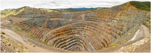 Figure 4. Stitched panorama of the main Cadia Hill Cu–Au open pit 250 km WNW of Sydney, Australia, as of 17 March 2013, soon after open cut operations had ceased. This is one of several Cu–Au vein-related deposits that comprise the Cadia Valley operations, one of the world’s largest Cu–Au porphyry deposits. Image by A Day.