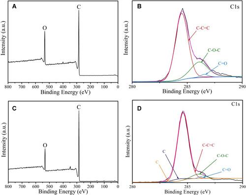 Figure 3 Wide-scan XPS spectrum (A and C) and C1s core-level XPS spectrum (B and D) of PEEK (A and B) and 160FPK (C and D).