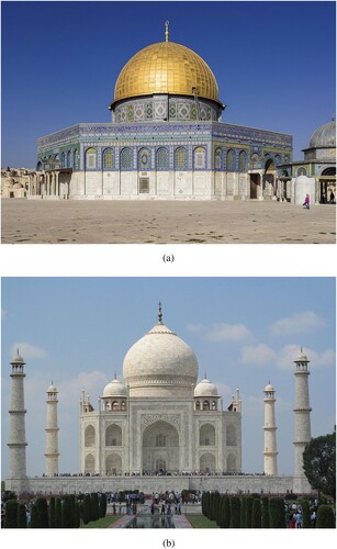 Figure 3. Centralised Islamic buildings: (a) The Dome of the Rock, Jerusalem (690–692), photographed by Andrew Shiva, 2013, CC BY-SA 4.0, Wikimedia Commons; (b) The Taj Mahal mausoleum, Agra, India (1631–1653), photographed by Rajesnewdelhi, 2013, CC BY-SA 3.0, Wikimedia Commons
