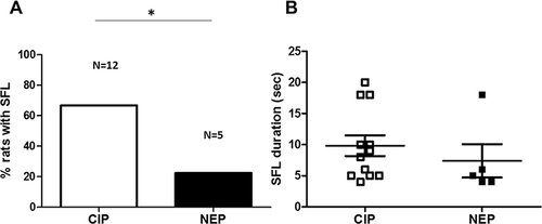 Figure 1 SFL in CIP (n = 18) and NEP (n = 18) rats. Numbers above histogram columns in (A) indicate number of rats with >1s SFL. (A) shows that the percentage of CIP rats with SFL is significantly greater than that of NEP rats (p = 0.043, Fisher’s exact test). (B) shows SFL duration in CIP and NEP rats (p = 0.003, Mann–Whitney test). *p <0.05.