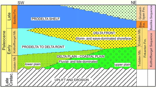 Fig. 2  Outline of the stratigraphy and depositional conditions of the Firkanten, Basilika and Grumantbyen formations in the Paleogene Central Basin of Spitsbergen along a south-west–north-east transect (modified from Steel et al. Citation1981; Nagy Citation2005).