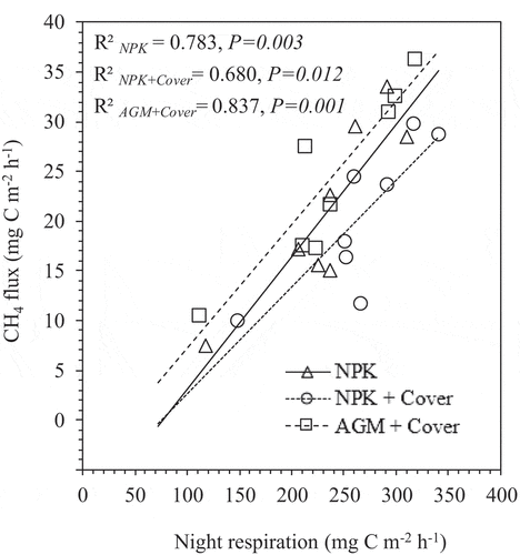 Figure 5. Relationship between daily CH4 and night respiration (CO2) emission from plots treated with chemical fertilizer (NPK), NPK plus Azolla cover (NPK + Cover), and Azolla as green manure plus Azolla cover (AGM + Cover) after 5 weeks rice transplanting (n = 8).
