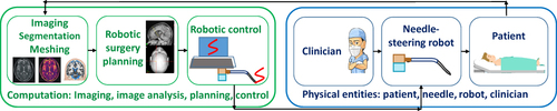 Figure 2 Basic architecture of needle-steering robotic system. Data from Cowan et al.10 The left side, depicted in green integrates all computerized components: medical imaging and image analysis, surgery planning and robotic control. Imaging can also occur intraoperatively, leading to anatomy update. The right side depicts physical entities: the surgeon, robot and needle, as well as the patient.