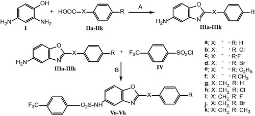 Scheme 1. Synthetic pathway of 5-(4-trifluoromethylphenylsulphonamido)benzoxazole derivatives. Reagents and conditions: (A) PPA, 170–200 °C, 1.5–2.5 h; (B) Pyridine and dichloromethane, RT, 16 h.