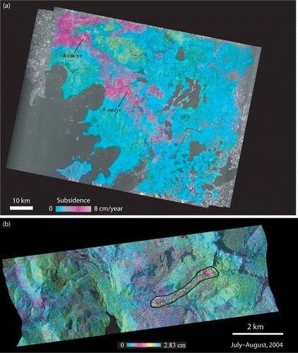 Figure 3. (a) Average deformation of Suzhou in southeastern China from L-band JERS-1 InSAR imagery. Subsidence of more than 10 cm/year during 1992–1996 is revealed by the multi-temporal InSAR images. (b) Movement of the Slumgullion landslide, Colorado, USA, mapped from a fine-beam Radarsat-1 image. Maximum displacement was more than 10 cm in 24 days during July–August 2004.