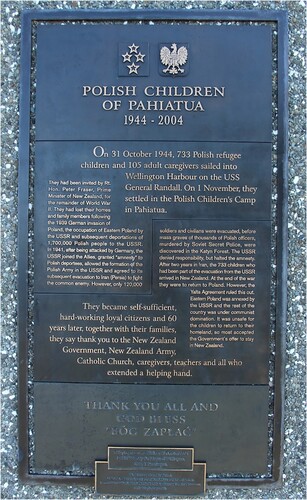 Figure 3. Commemorative Plaque to the Children of Pahīatua 1944–2004. Wellington, New Zealand. Photo credit: Michal Klajban.