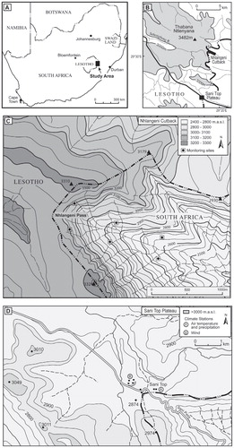 FIGURE 1. (A) The study area in southern Africa, (B) site localities in eastern Lesotho, (C) Nhlangeni cutback, and (D) Sani Top plateau.