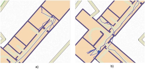 Figure 16. Erroneous dead ends by CWI halfway through routes 3 and 4. The computed user trajectory is visible as a blue line. The true paths lead back through the respective corridor.