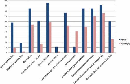 Figure 3. Male and female respondent replies regarding items crucial in determining adaptive capacity according to the definition of Cinner et al. (Citation2018). The percentage is calculated based on the number of affirmative responses in relation to the sample’s gender pool size.