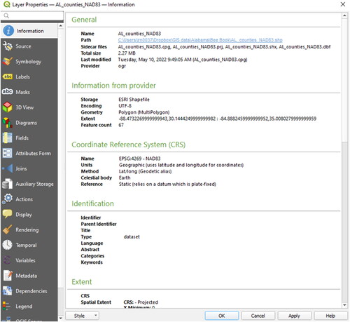 Figure 65. Information for the layer AL_counties_NAD83.shp in the Layer Properties.