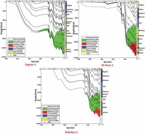 Figure 8. The burial history charts calibrated with the vitrinite reflectance Ro for the well Fagour-1, El-Noor-1, and Halafiya-1.