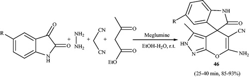 Scheme 61. Synthesis of spiro[indoline-3,4' pyrano[2,3-c]pyrazole] derivatives using meglumine.