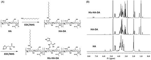Figure 1. Synthesis route (A) and 1H NMR spectra (B) of polymers.