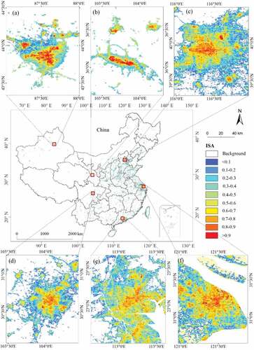 Figure 3. Spatial distribution of fractional impervious surface areas in China in 2015 at cell size of 1 km by 1 km, highlighting cities of (a) Urumqi, (b) Lanzhou, (c) Beijing, (d) Chengdu, (e) Guangzhou, and (f) Shanghai (note: the ISA value here is a proportion of ISA in a pixel, its values are within 0–1).