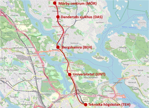 Figure 2. Map of the studied segment of the Stockholm metro network. Map source: OpenStreetMap.