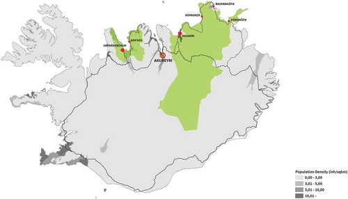 Figure 1. The green areas represent the study´s rural areas, Akureyri the urban town is represented with the largest red circle. The bigger red points (Sauðárkrókur, Húsavík) represent the towns in both rural areas that were excluded from the study, the small red points represent the location of health clinics in rural areas. The grey colour indicates the population density with the darkest grey colour indicating the more dense areas