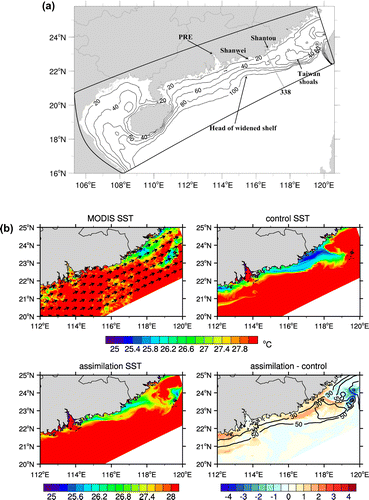 Figure 1. (a) The topography (units: m) in the NSCS. The black box is the model domain. The selected cross-shelf section is marked by its grid number (338) and the location of shoreward convex isobaths exists at the head of the widened shelf about 0.5° southwest of Shanwei. (b) SST (units: °C) from the observation (MODIS SST), control run (control SST), assimilation run (assimilation SST), and the difference between the assimilation run and control run (assimilation − control) on day 40. Spatially uniform southwesterly wind stress (0.025 Pa) is shown on the MODIS SST. The 30- and 50-m isobaths are shown as black contour lines on the difference distribution.
